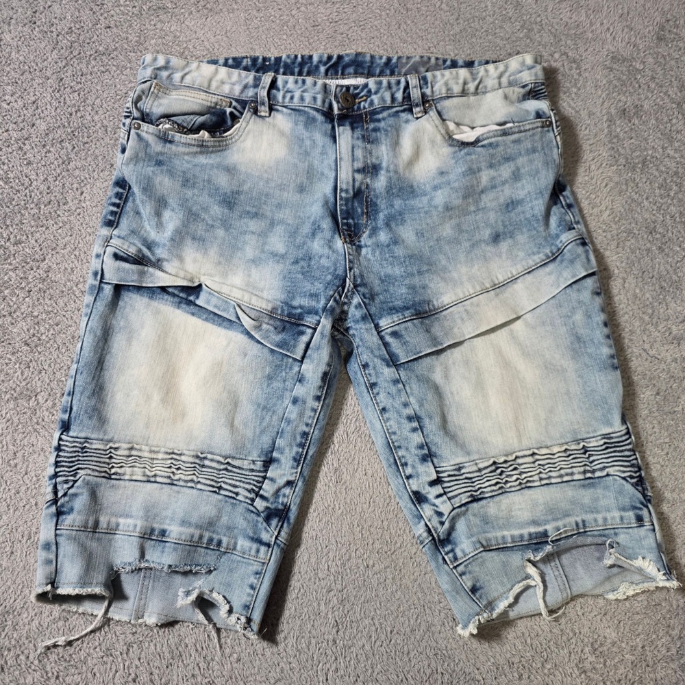 Smoke Rise Mens 38 Moto Denim Shorts Light Blue Acid Wash Ribbed Distressed Y2K